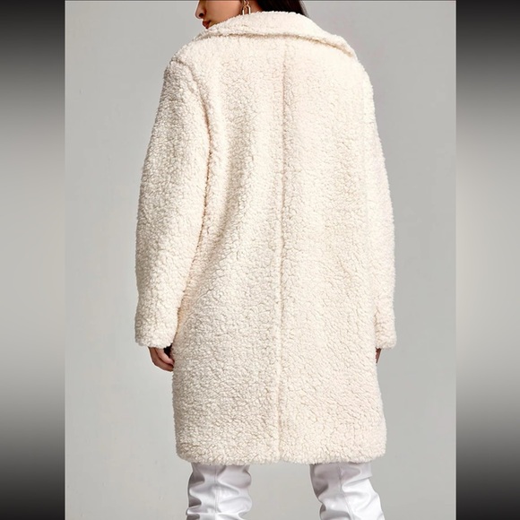 Size L Ivory BOHO lapel collar button front faux pockets lined plush Teddy coat - Picture 4 of 16